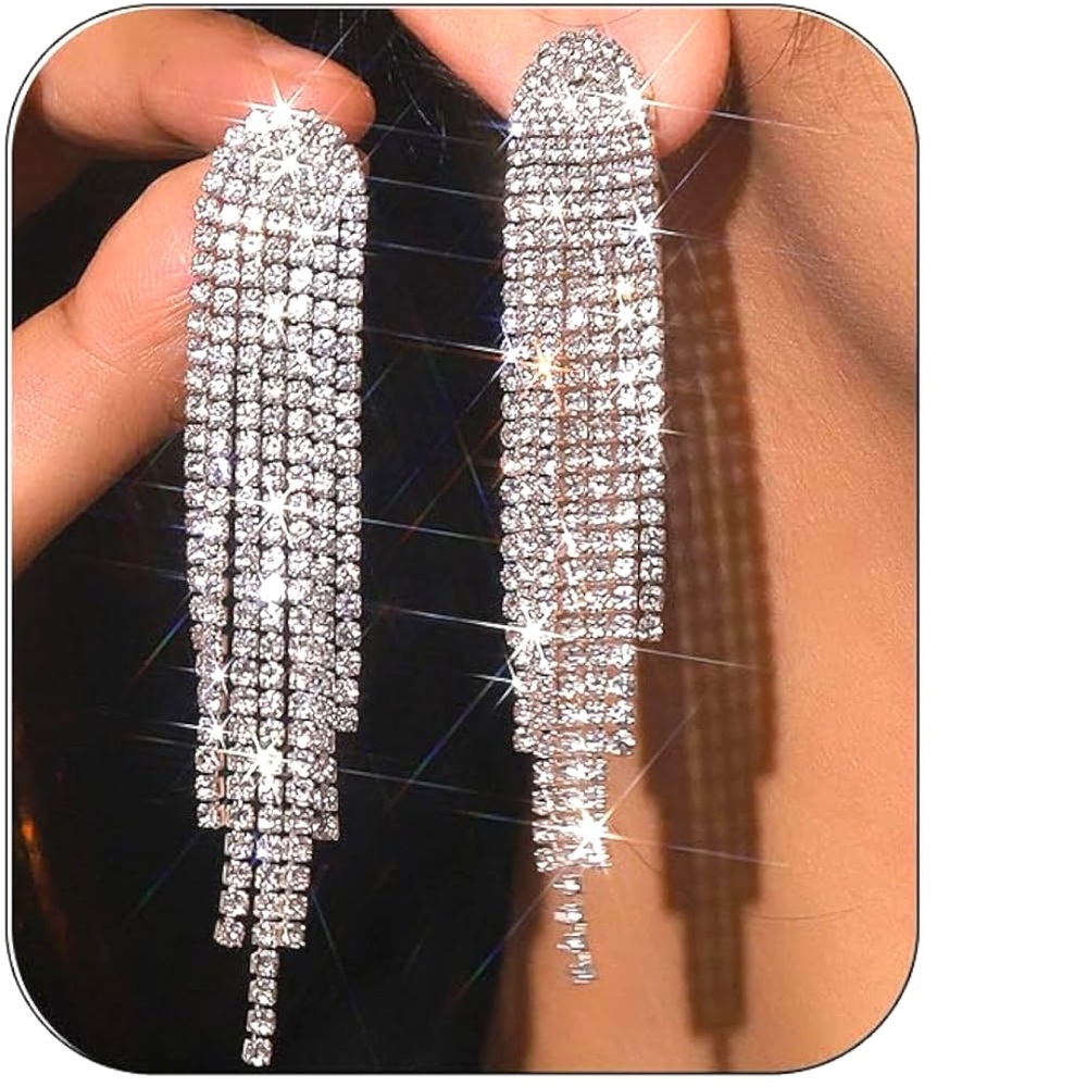 Silver Crystal Tassel Fringe Rhinestone Earrings Dangle Drop Earrings Wedding